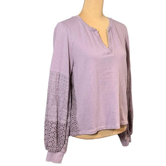 By Anthropologie Eyelet Sweatshirt Top Sz.S Lilac Oversized Embroidered Boho - Picture 5 of 15